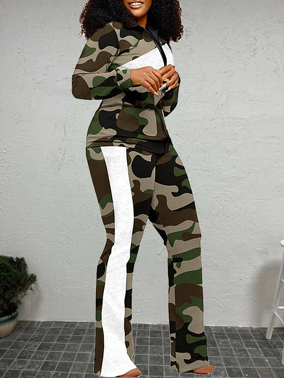 Geometric Print Striped Flared Pants Set At9055