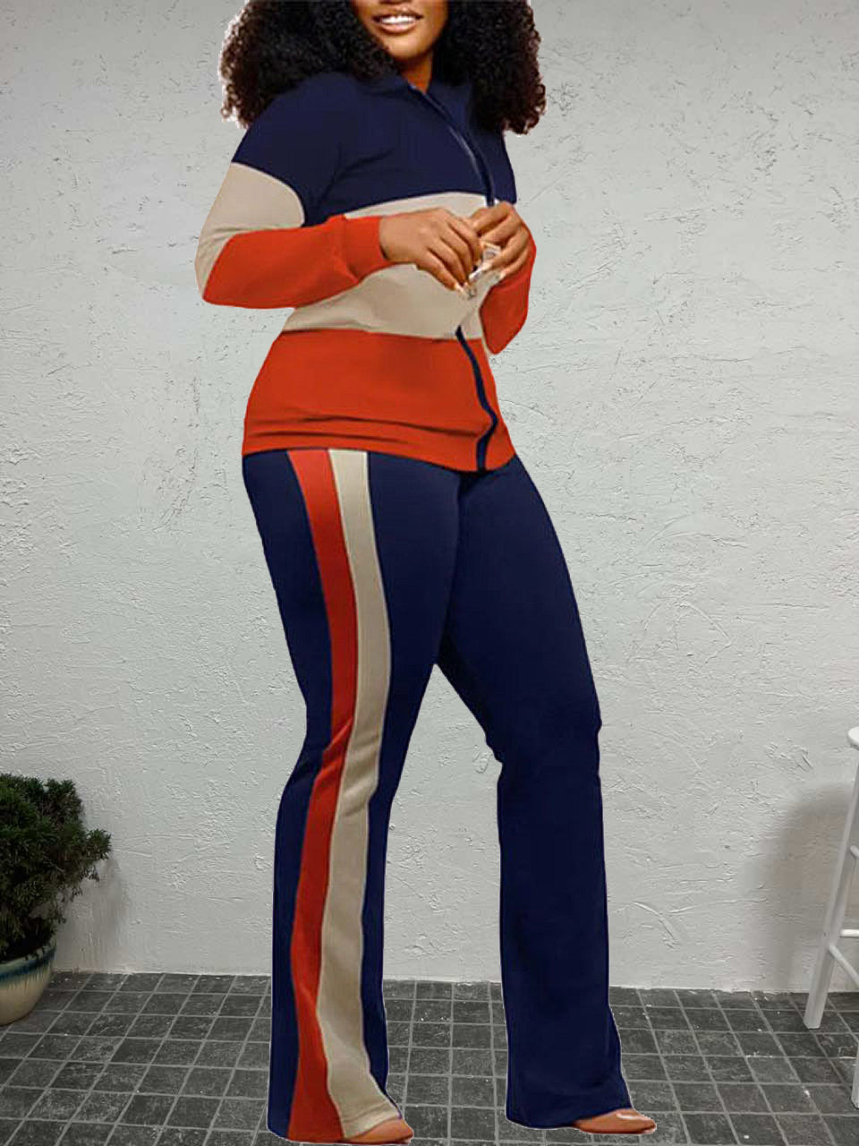Geometric Print Striped Flared Pants Set At9055