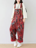 Autumn Artsy Flower Pocket Loose Denim Jumpsuits Ai1071