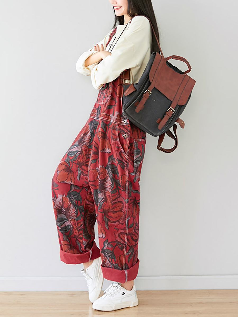 Autumn Artsy Flower Pocket Loose Denim Jumpsuits Ai1071