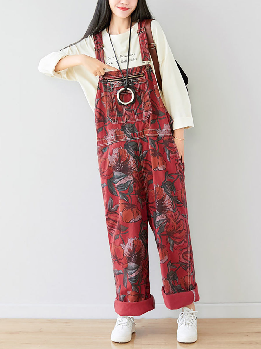 Autumn Artsy Flower Pocket Loose Denim Jumpsuits Ai1071
