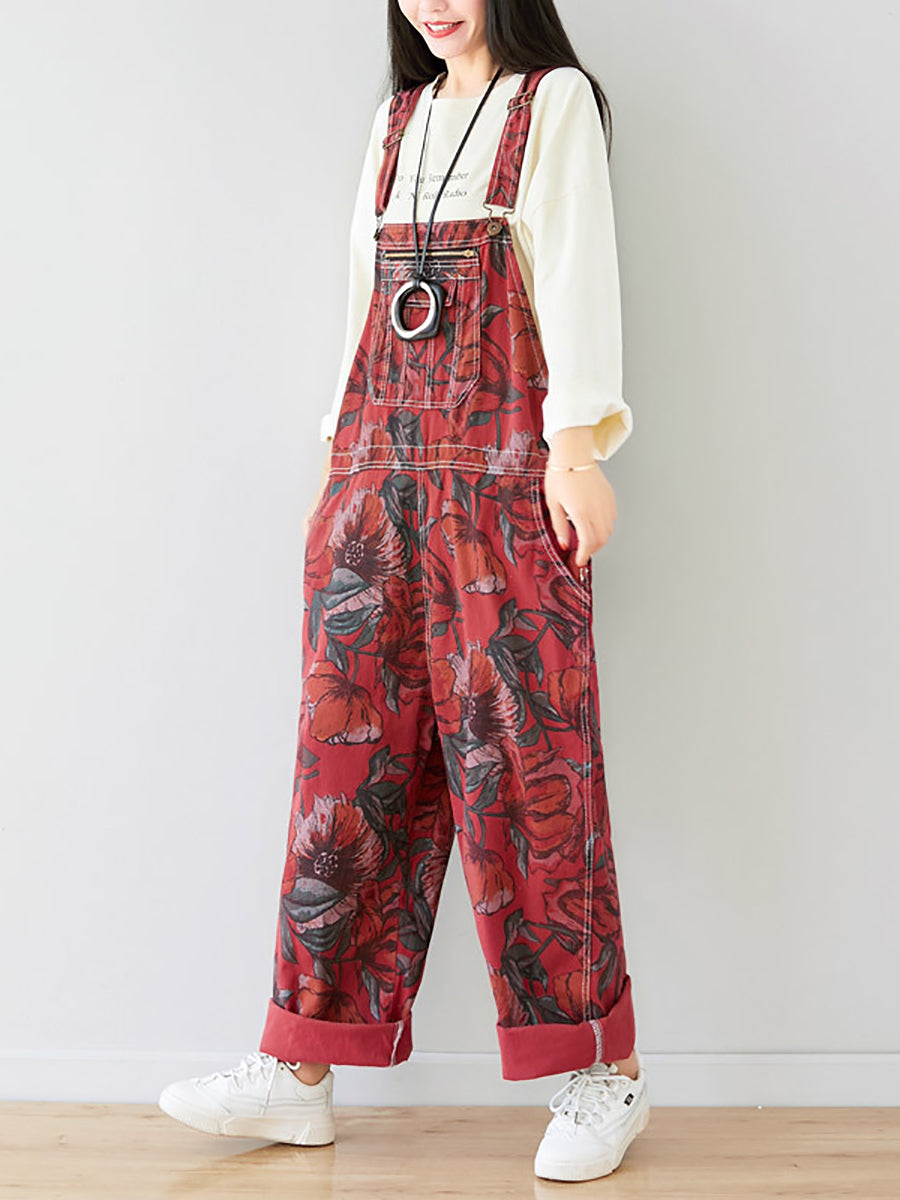 Autumn Artsy Flower Pocket Loose Denim Jumpsuits Ai1071