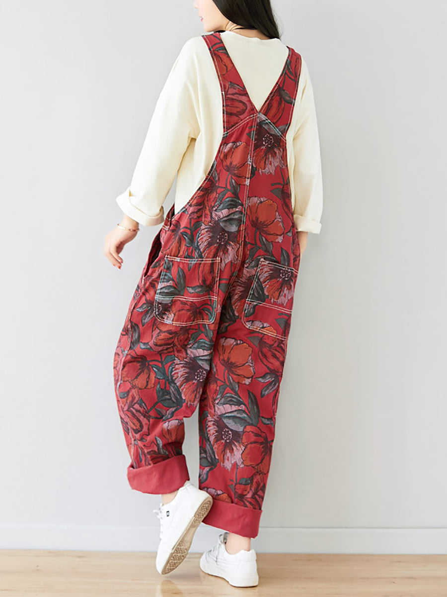 Autumn Artsy Flower Pocket Loose Denim Jumpsuits Ai1071