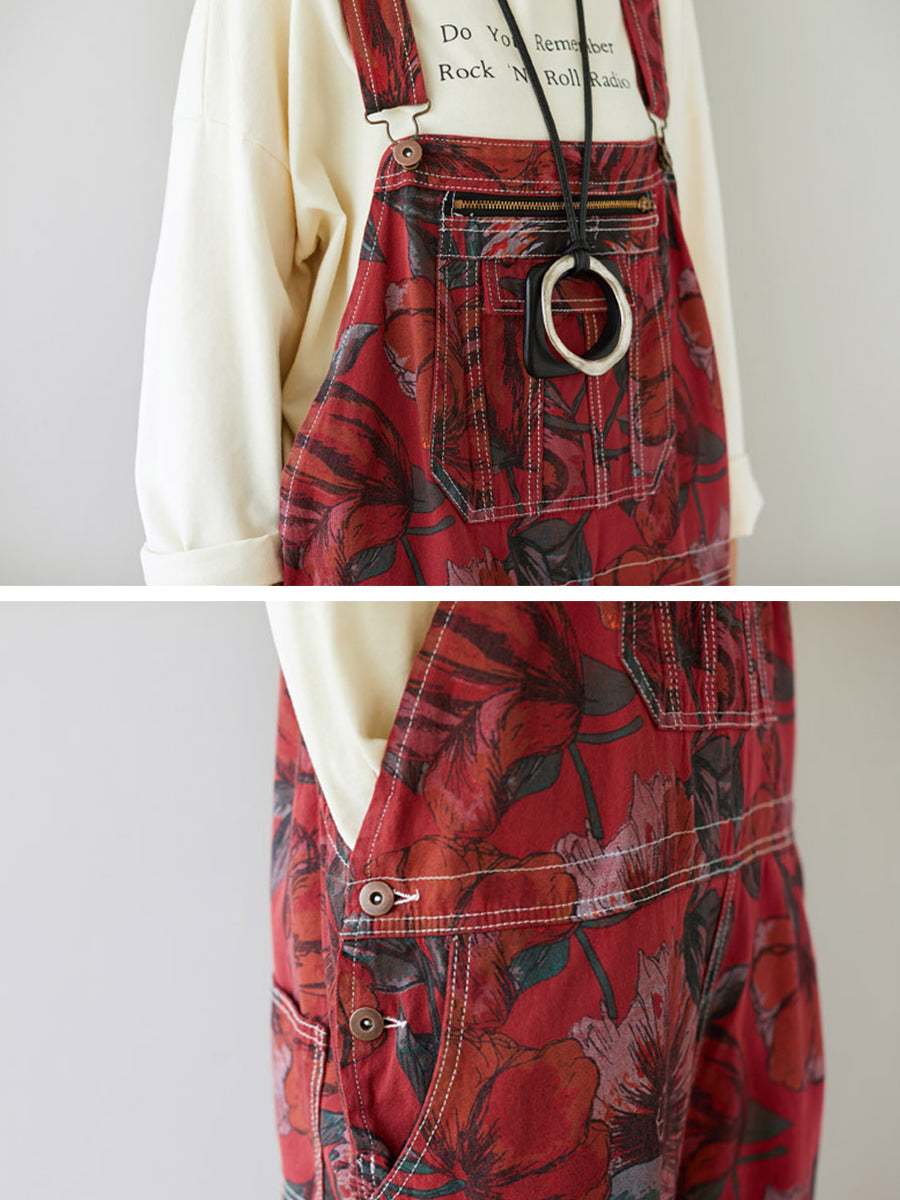 Autumn Artsy Flower Pocket Loose Denim Jumpsuits Ai1071