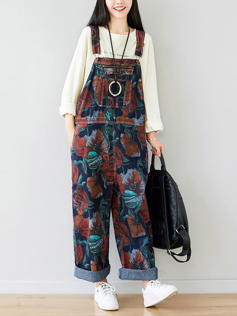 Autumn Artsy Flower Pocket Loose Denim Jumpsuits Ai1071