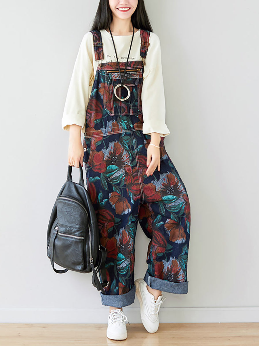 Autumn Artsy Flower Pocket Loose Denim Jumpsuits Ai1071