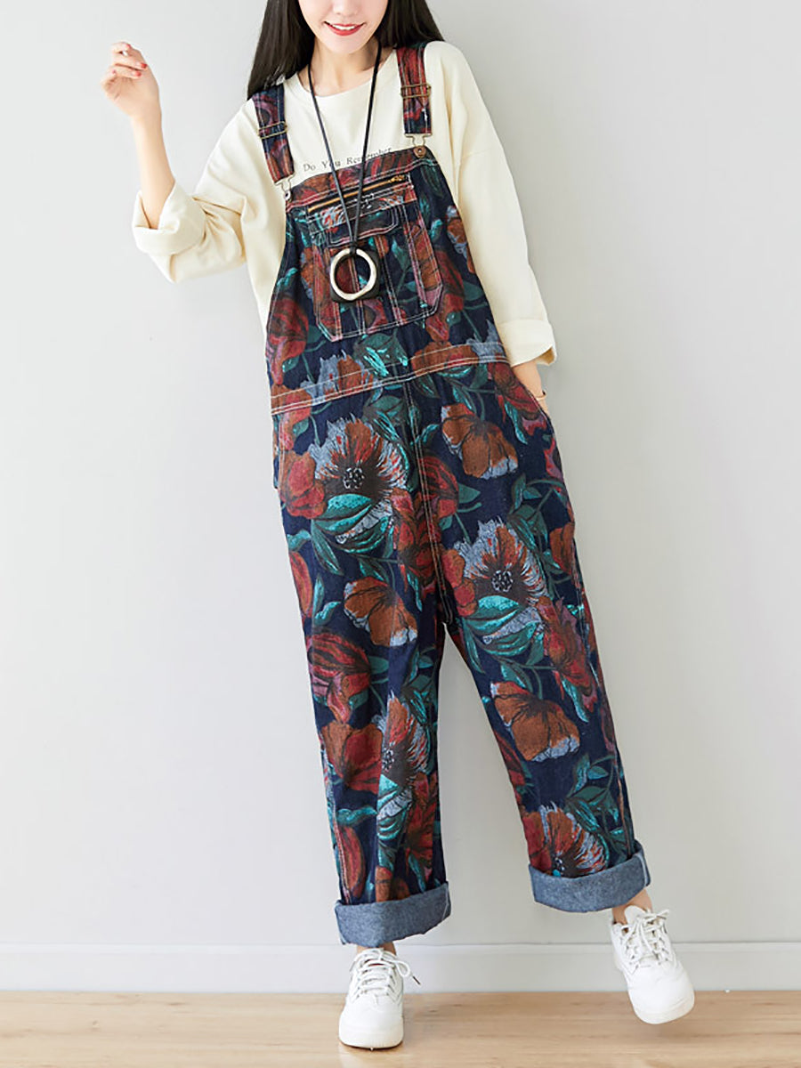 Autumn Artsy Flower Pocket Loose Denim Jumpsuits Ai1071