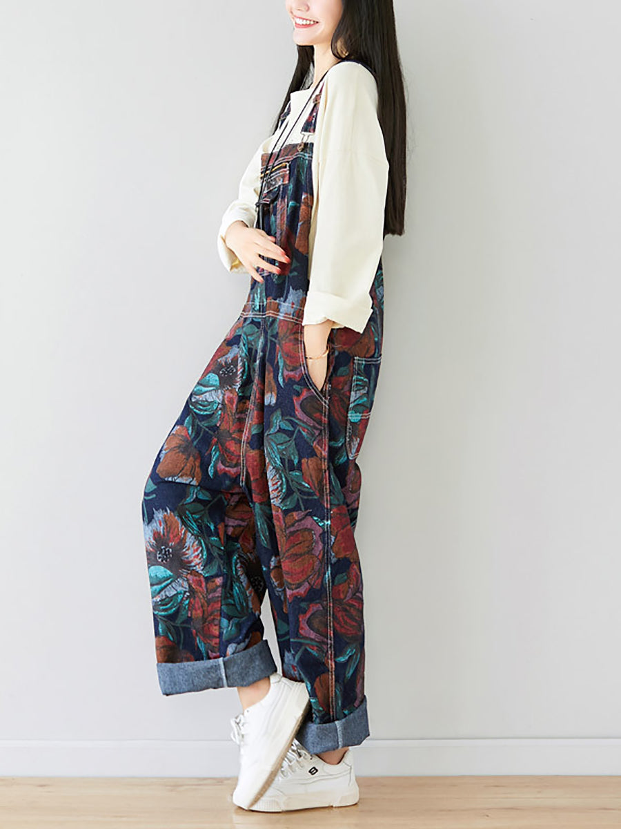 Autumn Artsy Flower Pocket Loose Denim Jumpsuits Ai1071