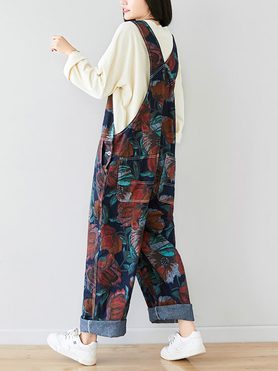 Autumn Artsy Flower Pocket Loose Denim Jumpsuits Ai1071