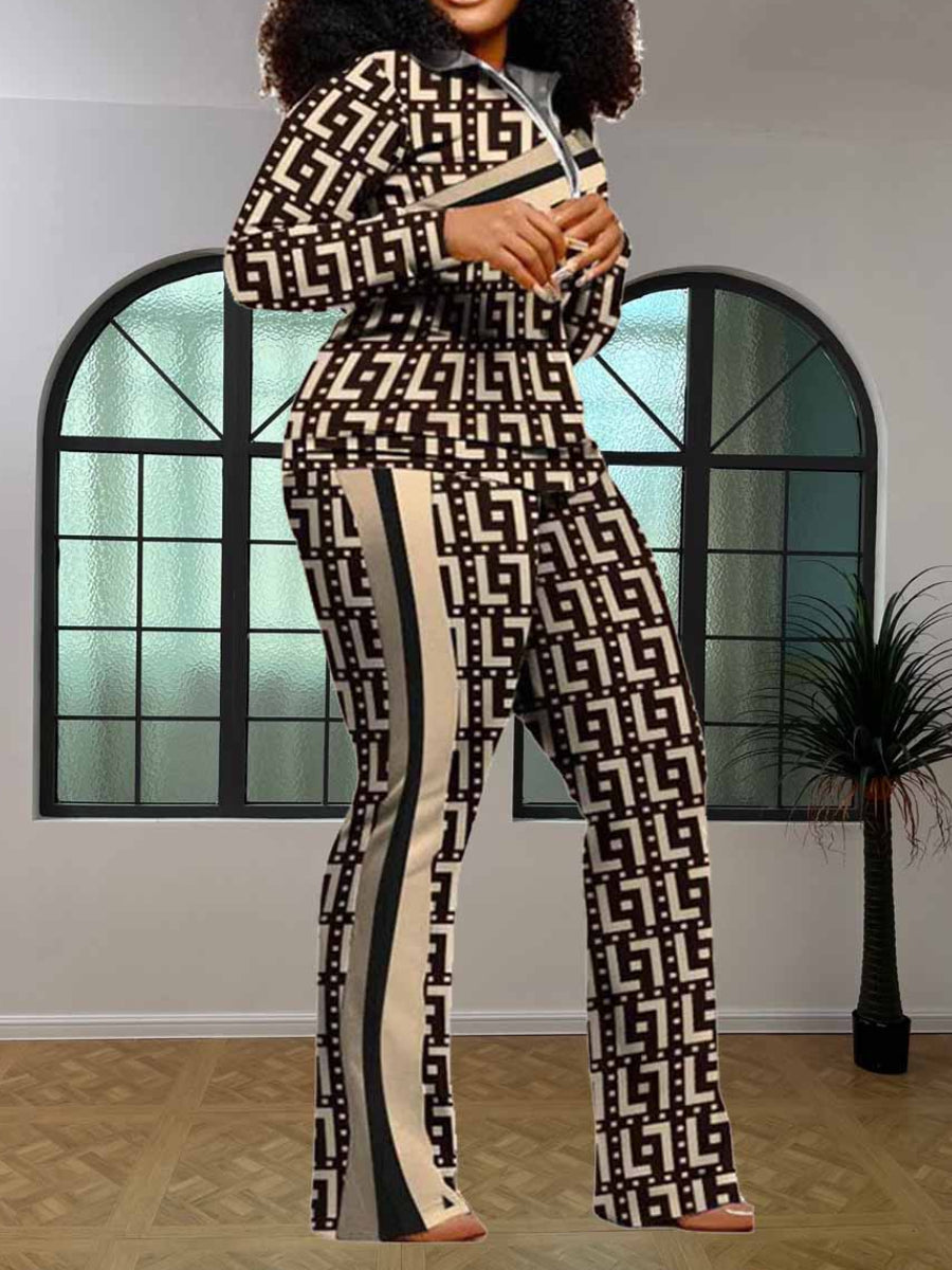 Geometric Print Striped Flared Pants Set At9055