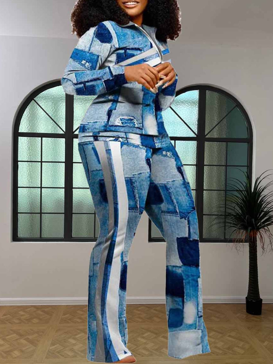 Geometric Print Striped Flared Pants Set At9055