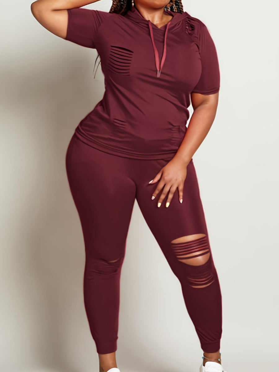 Hooded Collar Ripped Pants Set At909