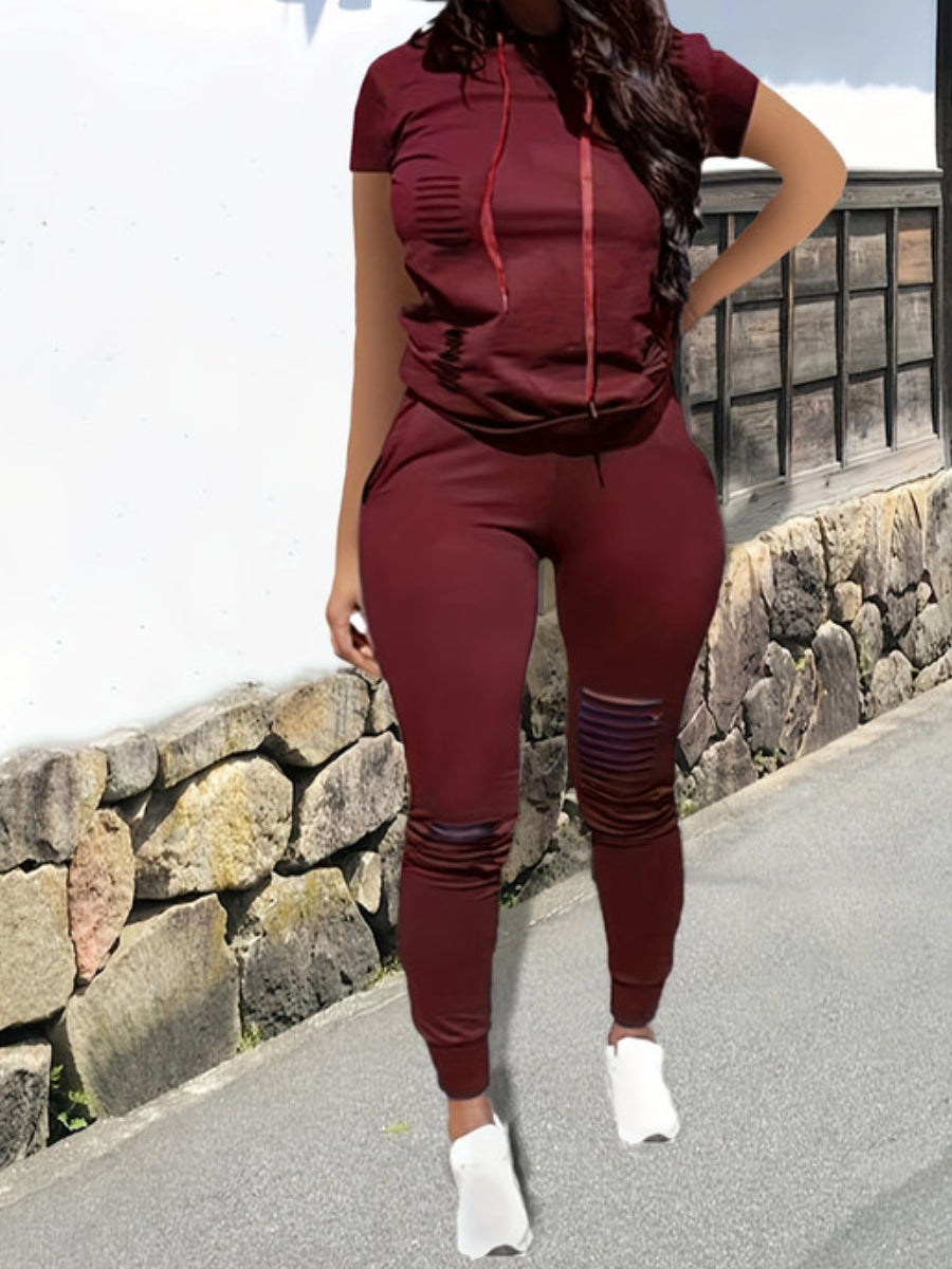 Hooded Collar Ripped Pants Set At909