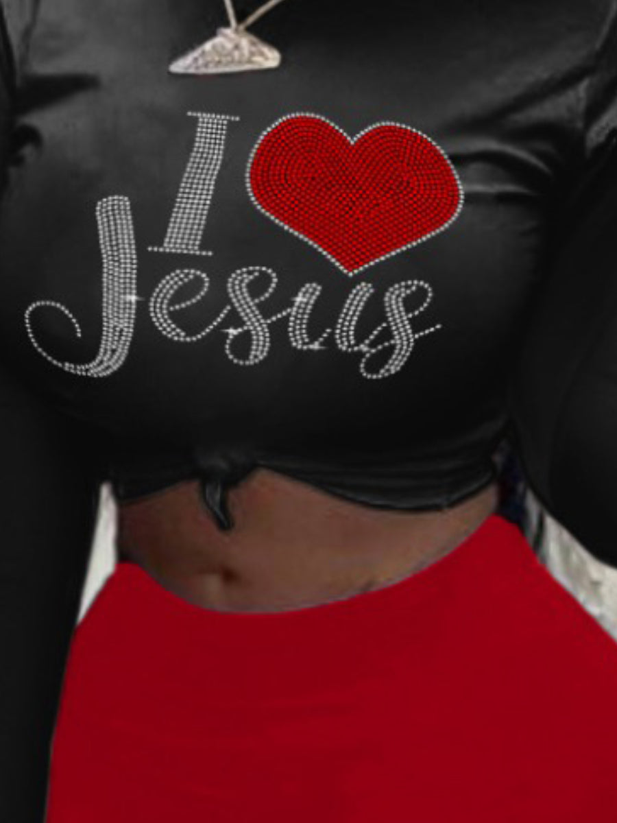 Rhinestone Heart Letter Decor Pants Set Ar3082