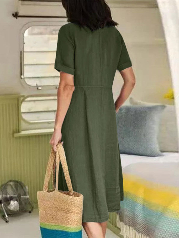 V Neck Linen Button-down Midi Dress With Pocket in Army Green