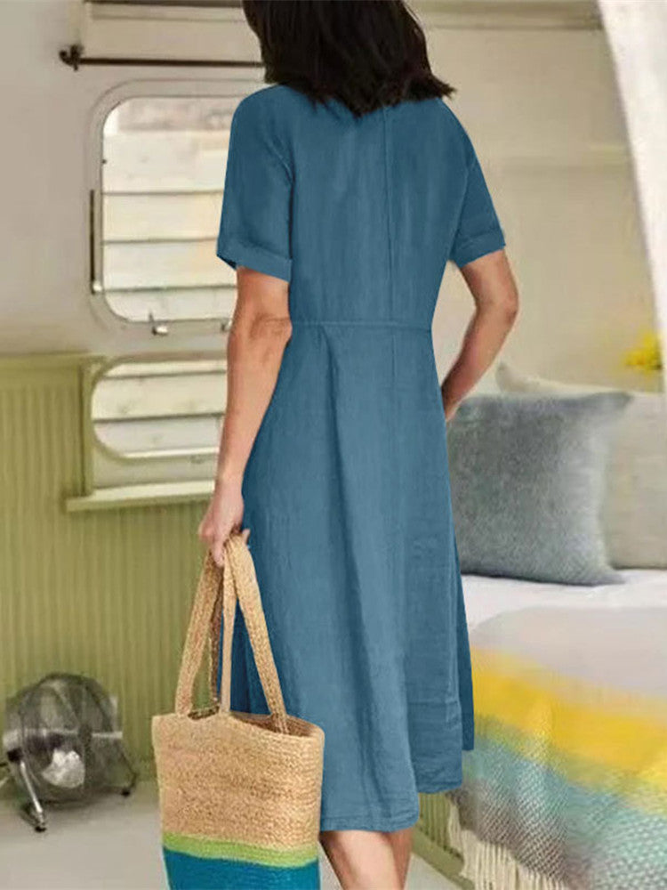 V Neck Linen Button-down Midi Dress With Pocket in Sky Blue