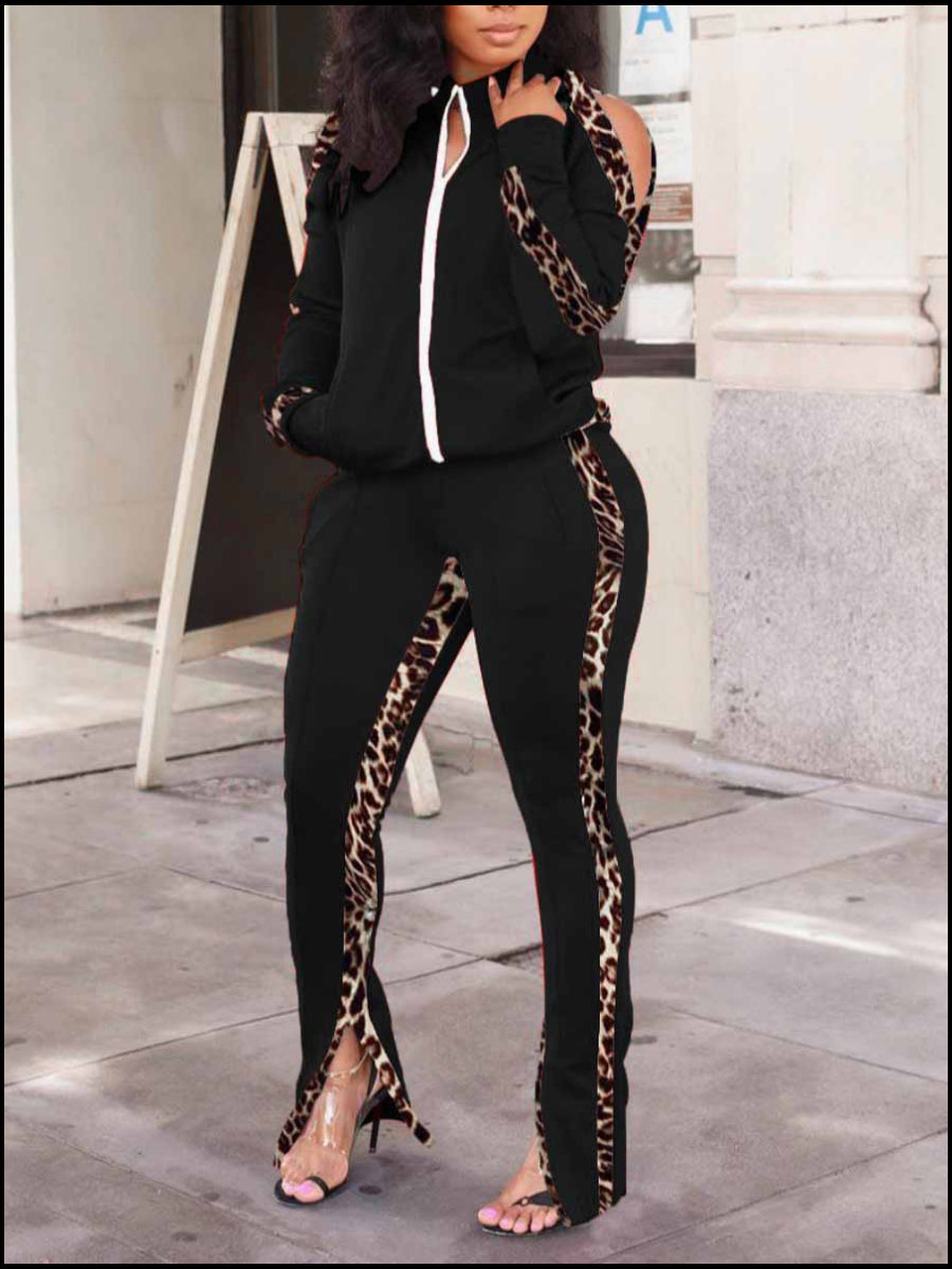 Leopard Print Striped Cut Out Pants Set At9011