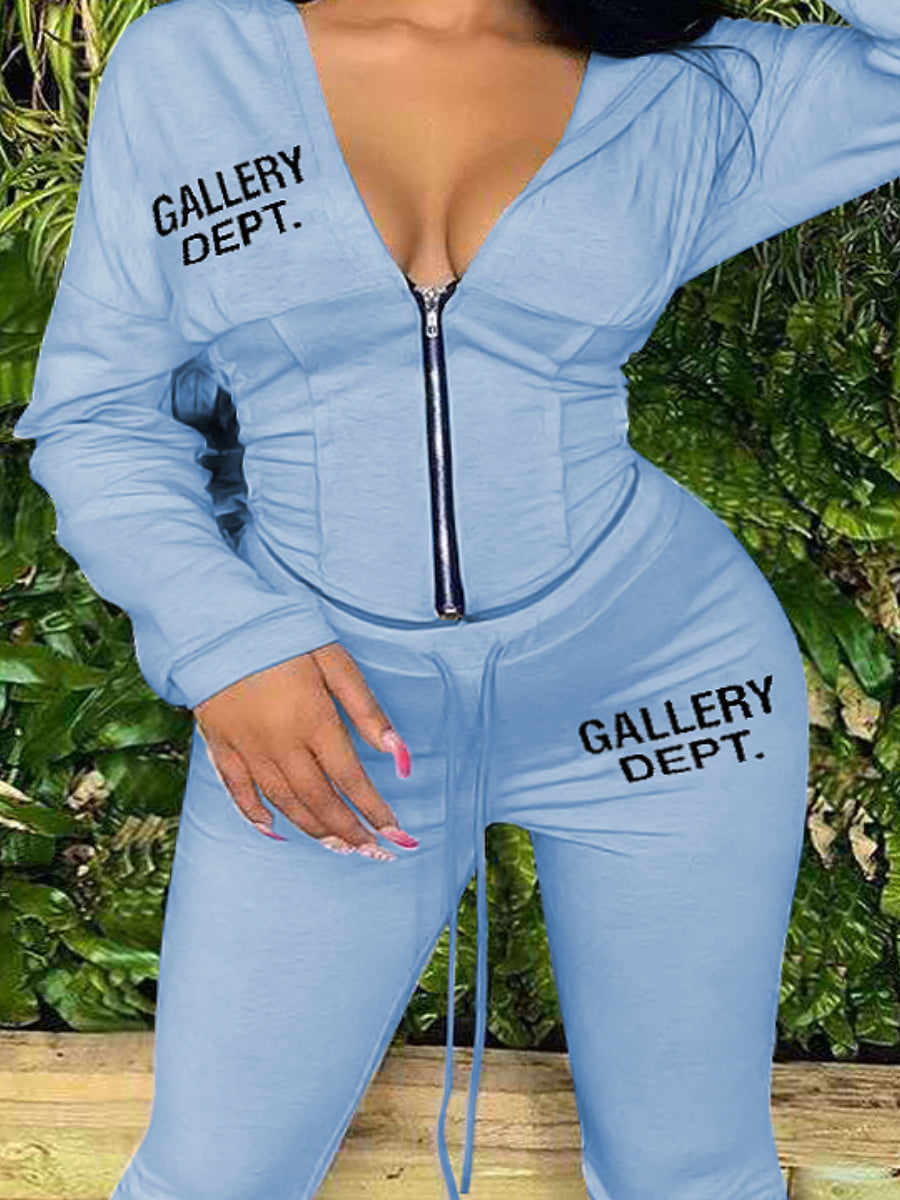 Hooded Collar Letter Print Drawstring Pants Set At9065