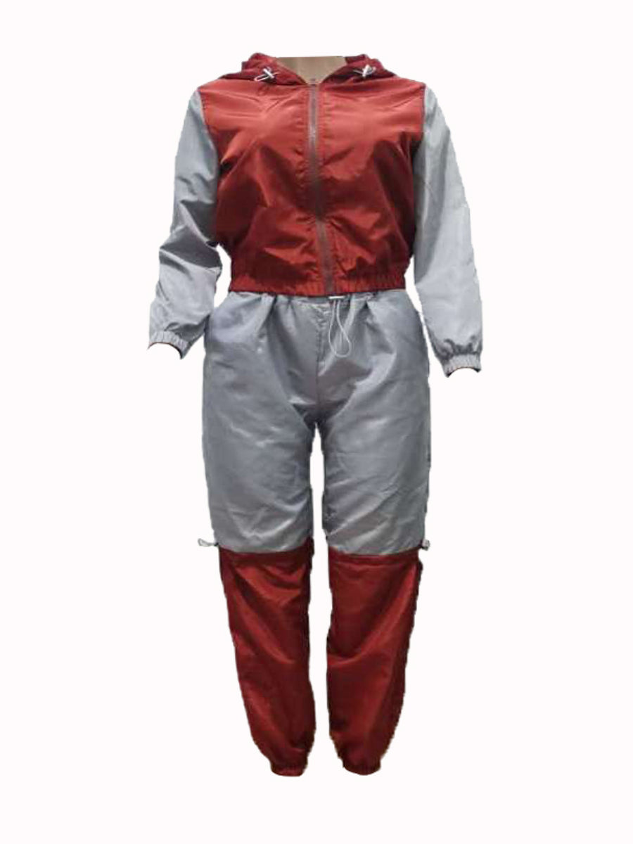 Hooded Collar Drawstring Patchwork Pants Set At9062