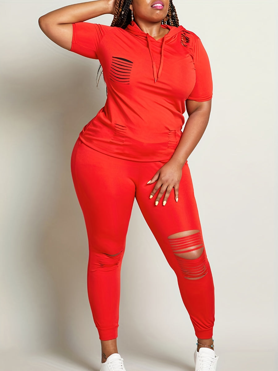 Hooded Collar Ripped Pants Set At909