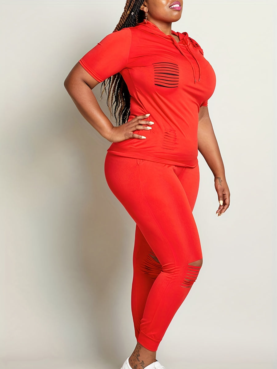 Hooded Collar Ripped Pants Set At909