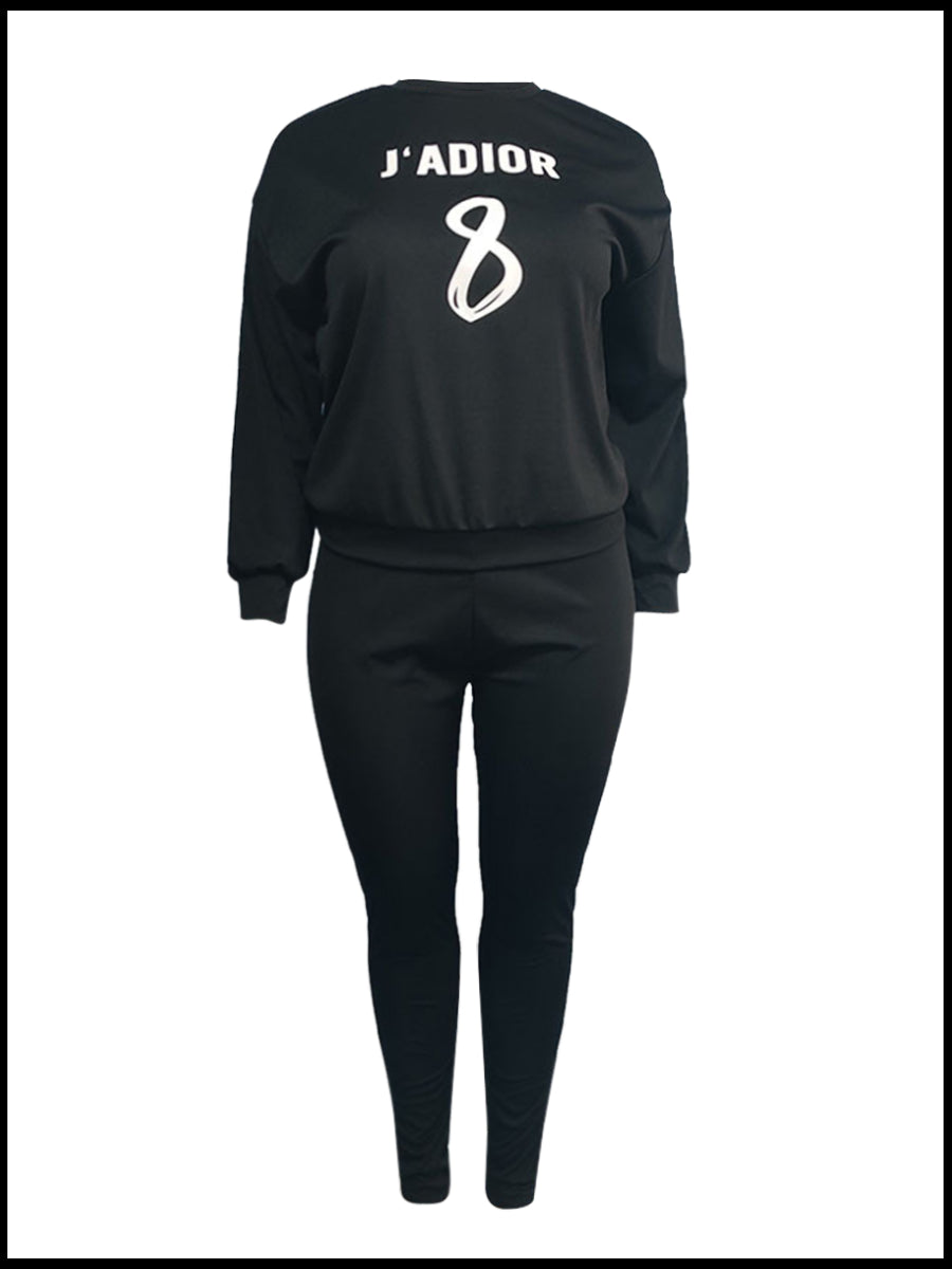 Round Neck Letter Print Pants Set Bo50118