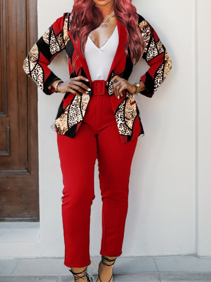 Leopard Print Belt Design Blazer Pants Set Ac204