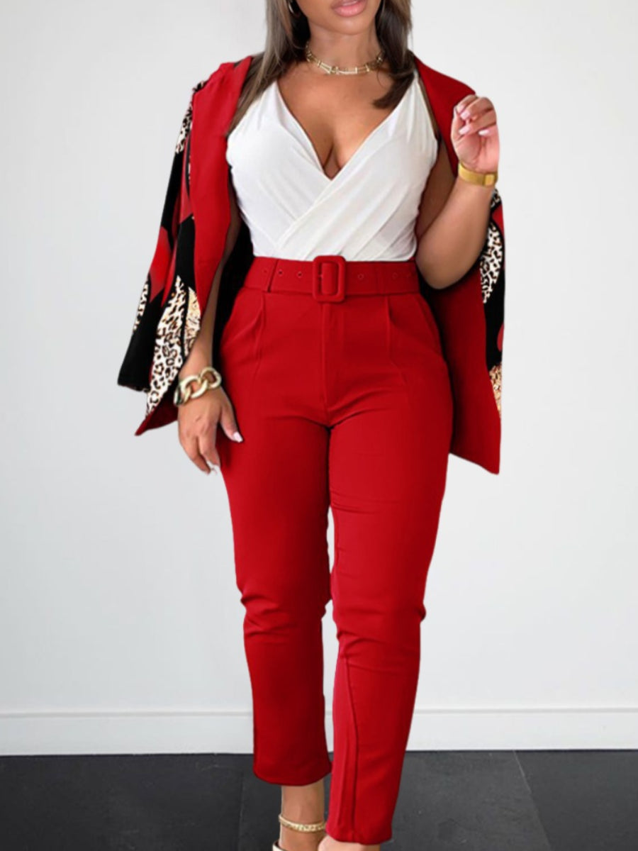 Leopard Print Belt Design Blazer Pants Set Ac204