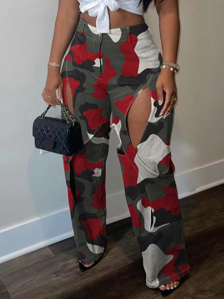 Camo Print Cut Out Loose Cargo Pants Bo5016