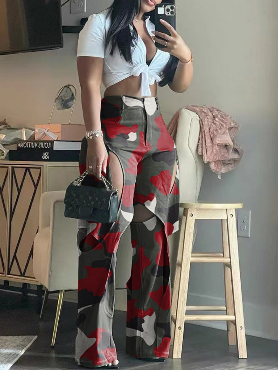 Camo Print Cut Out Loose Cargo Pants Bo5016