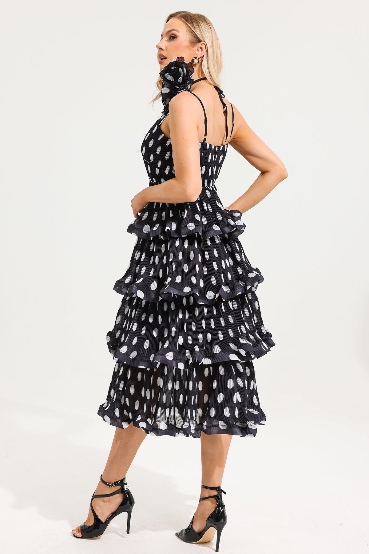 Polka Dot Ruffle Tiered Midi Dress With 3d Flower Choker
