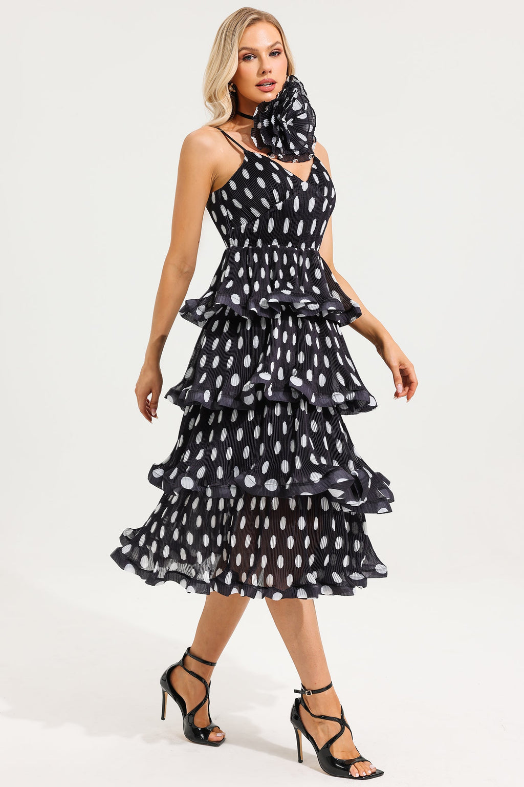 Polka Dot Ruffle Tiered Midi Dress With 3d Flower Choker
