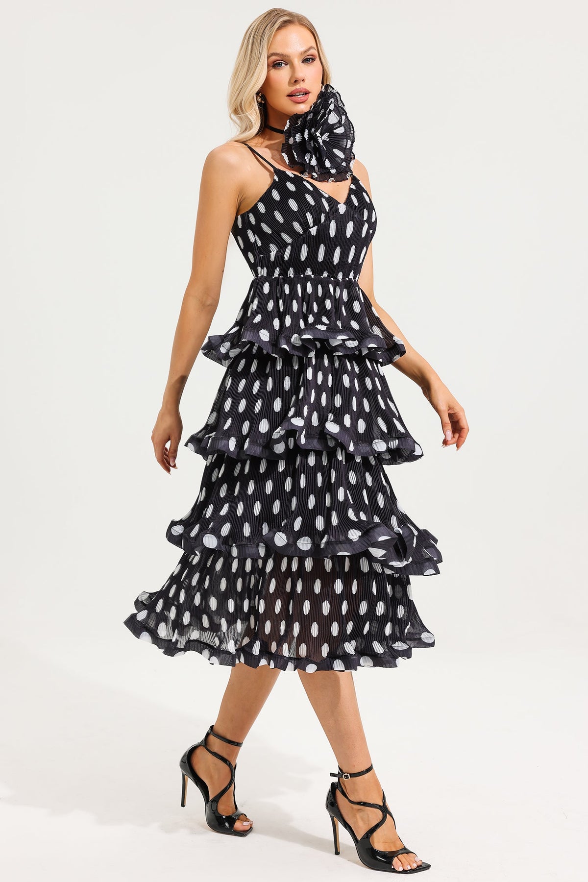 Polka Dot Ruffle Tiered Midi Dress With 3d Flower Choker