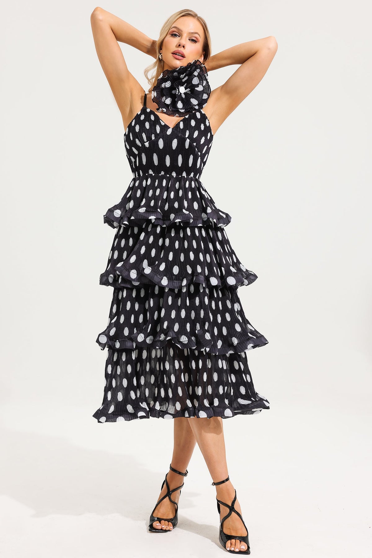 Polka Dot Ruffle Tiered Midi Dress With 3d Flower Choker