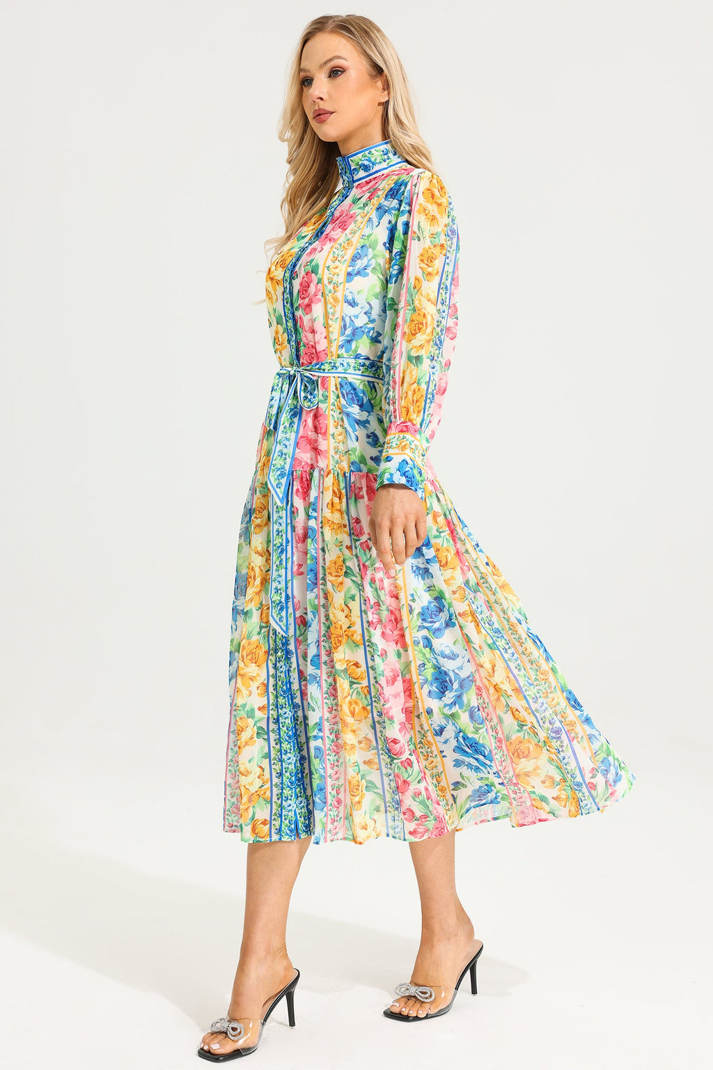 Stand Collar Maxi Dress With Belt