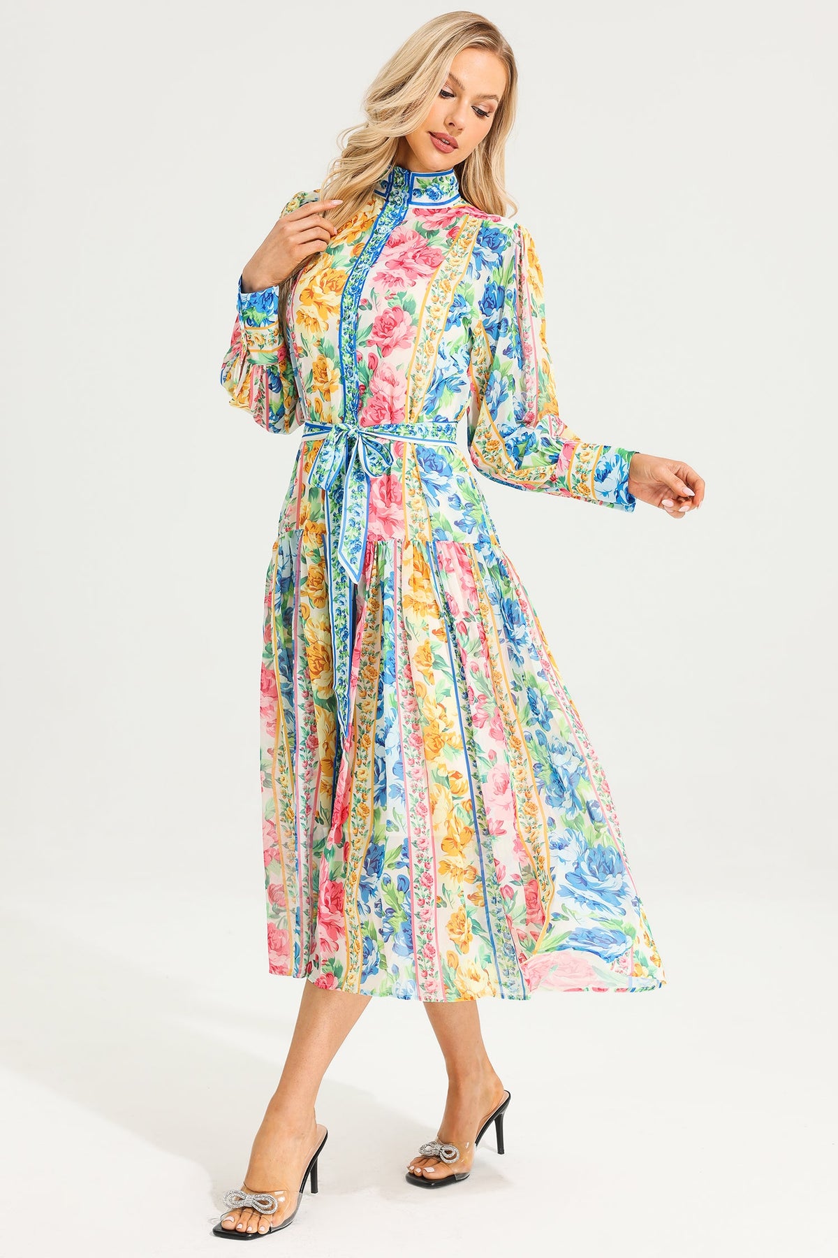 Stand Collar Maxi Dress With Belt