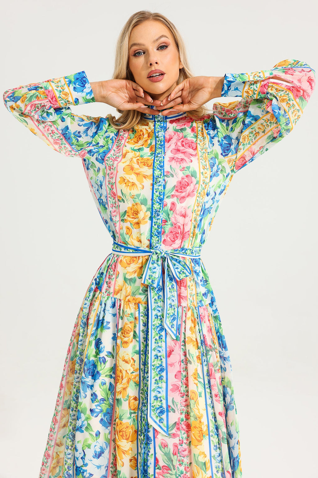 Stand Collar Maxi Dress With Belt