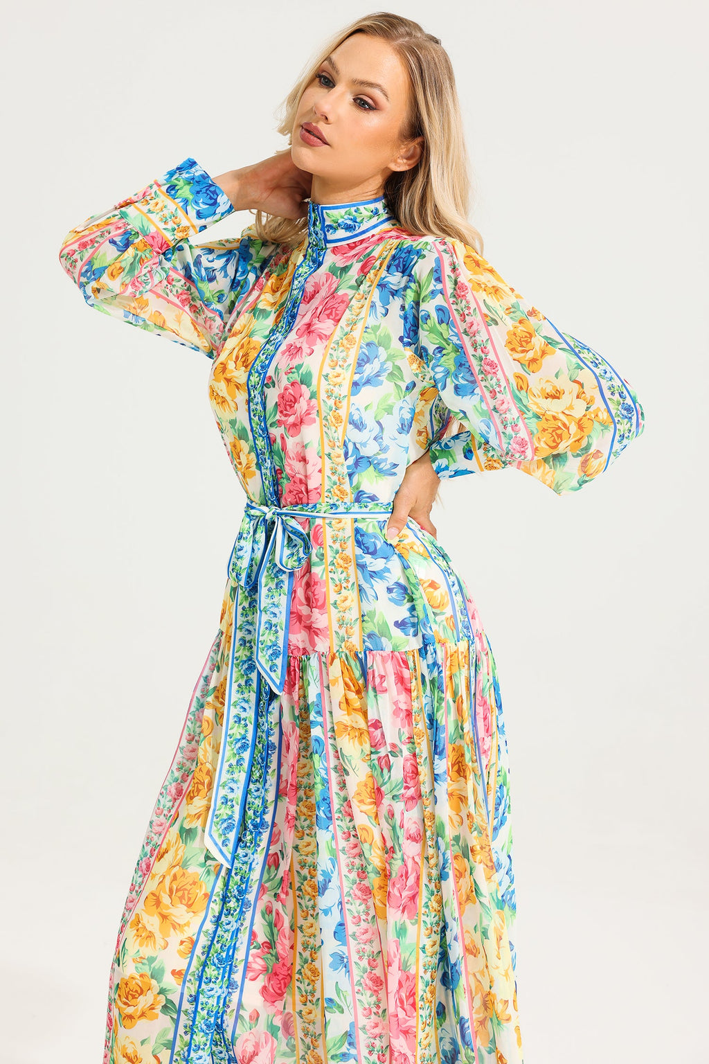 Stand Collar Maxi Dress With Belt