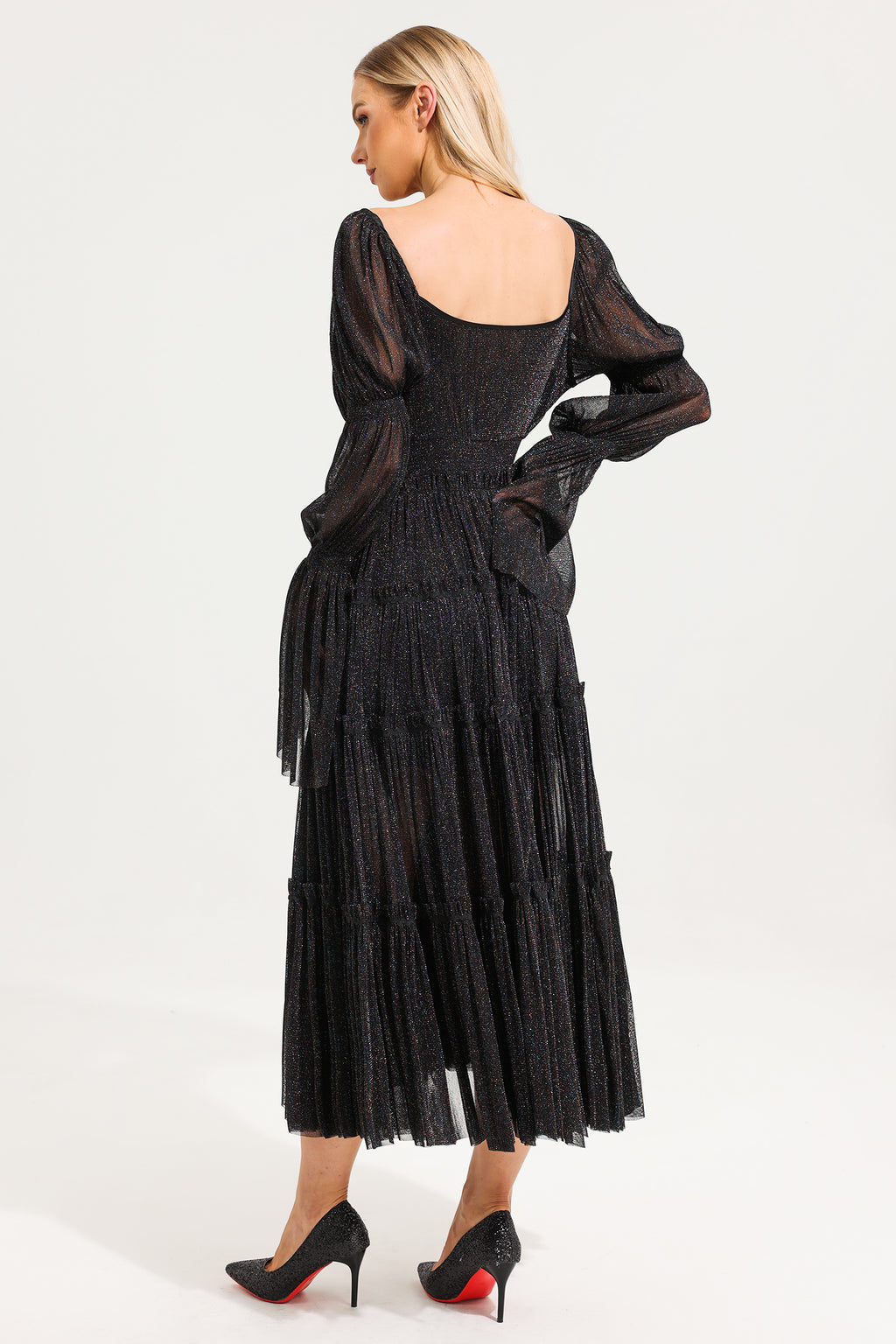 Mesh Square Collar Long Sleeve Midi Dress