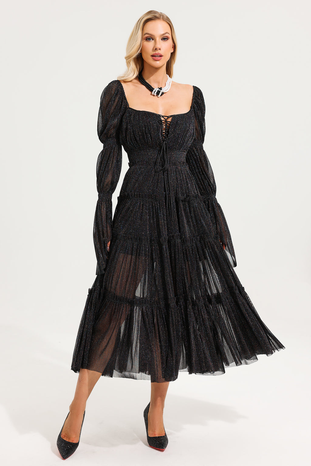 Mesh Square Collar Long Sleeve Midi Dress