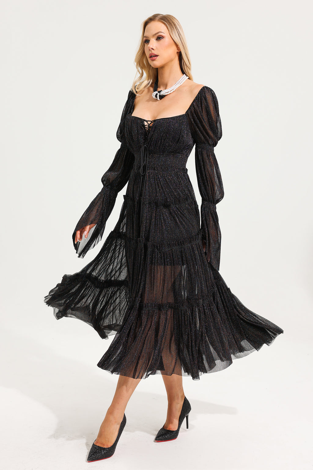 Mesh Square Collar Long Sleeve Midi Dress