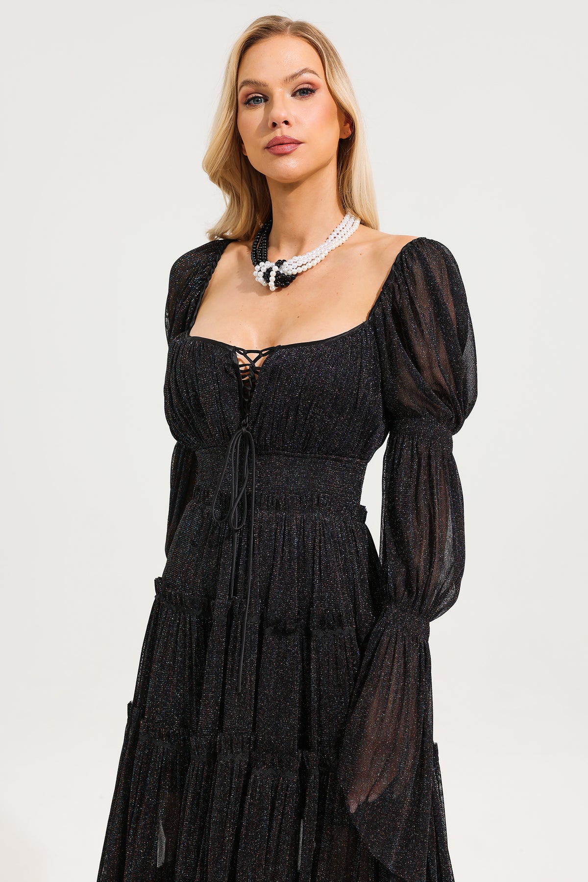 Mesh Square Collar Long Sleeve Midi Dress