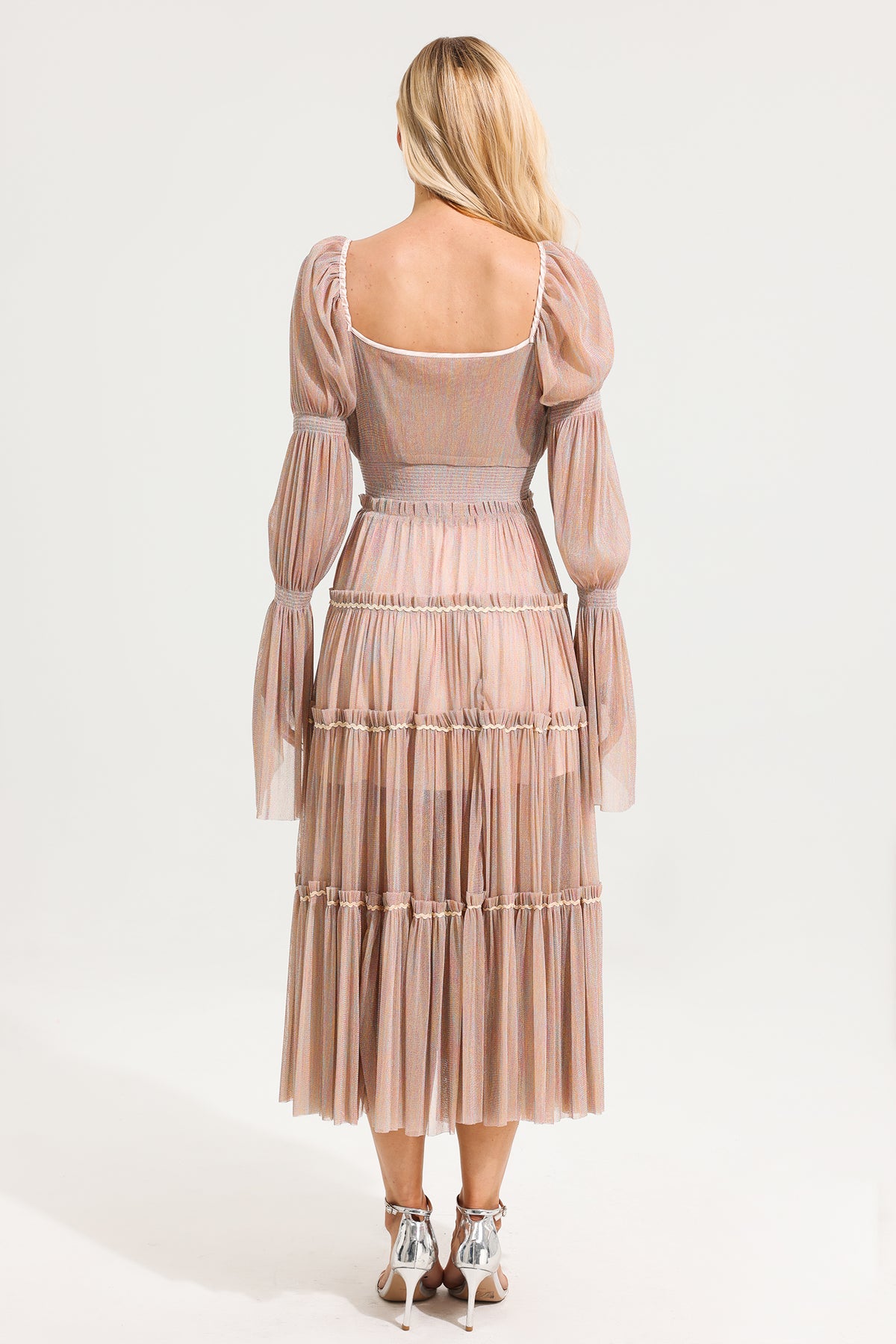 Mesh Square Collar Long Sleeve Midi Dress