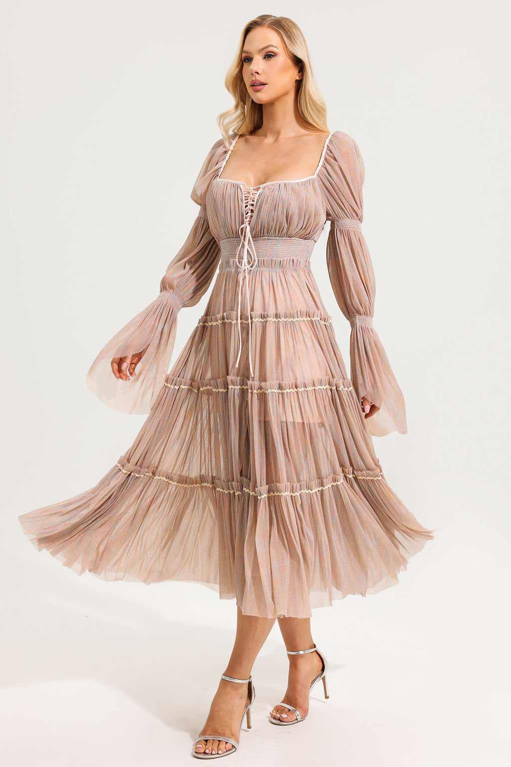 Mesh Square Collar Long Sleeve Midi Dress