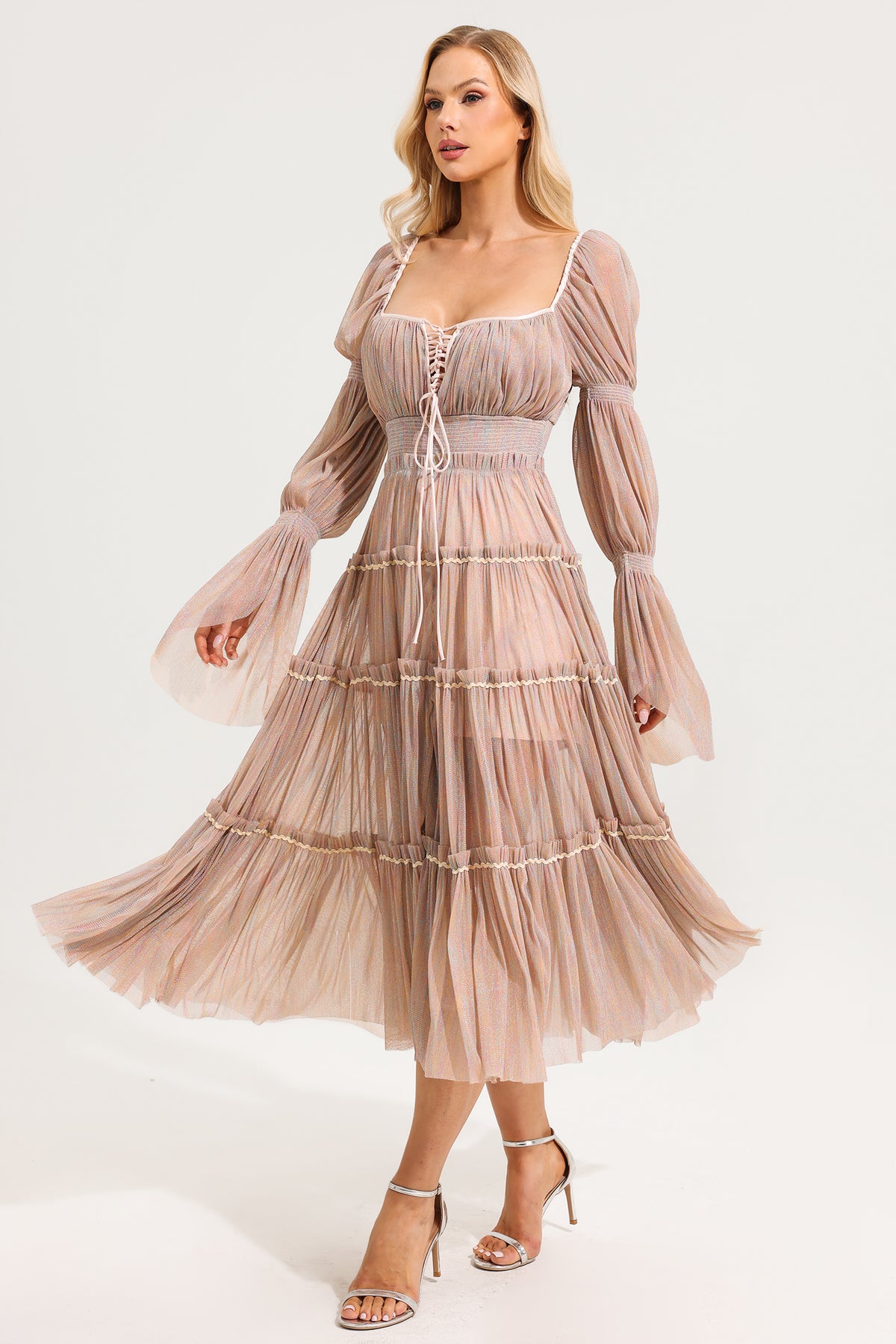 Mesh Square Collar Long Sleeve Midi Dress