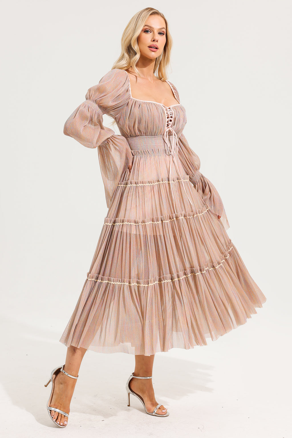 Mesh Square Collar Long Sleeve Midi Dress