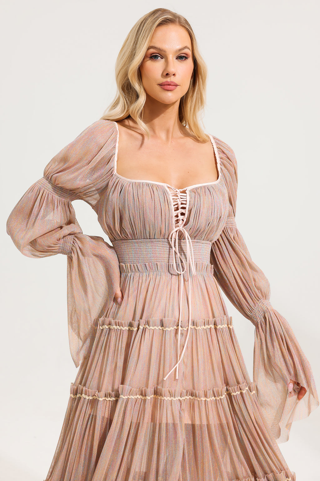 Mesh Square Collar Long Sleeve Midi Dress