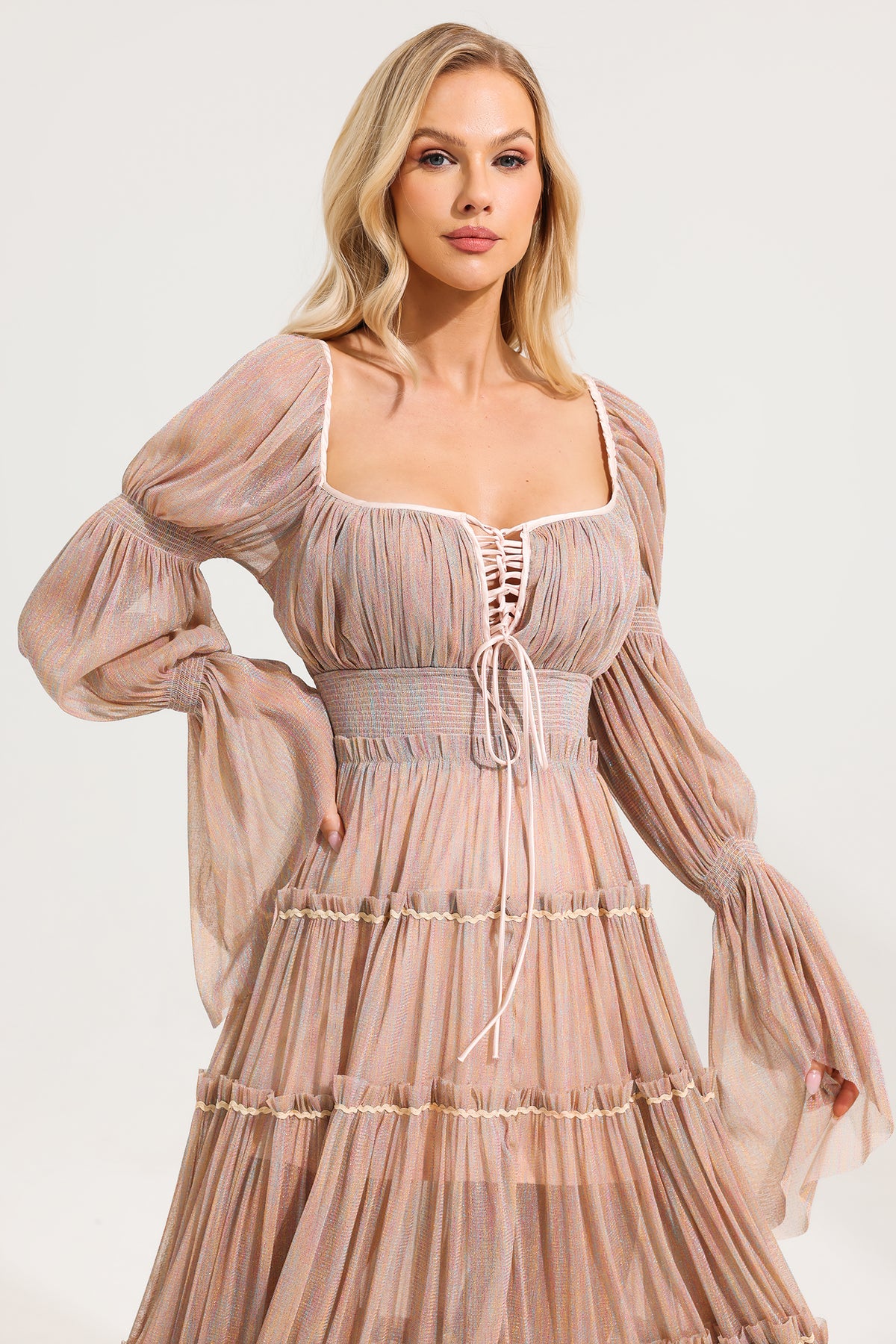 Mesh Square Collar Long Sleeve Midi Dress