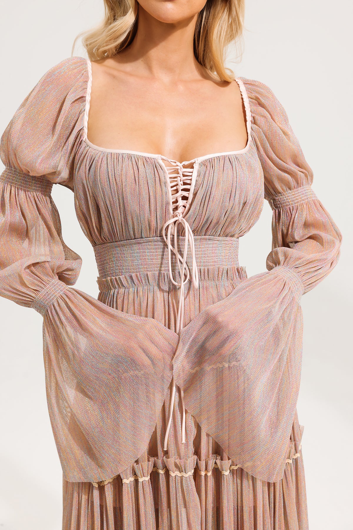 Mesh Square Collar Long Sleeve Midi Dress