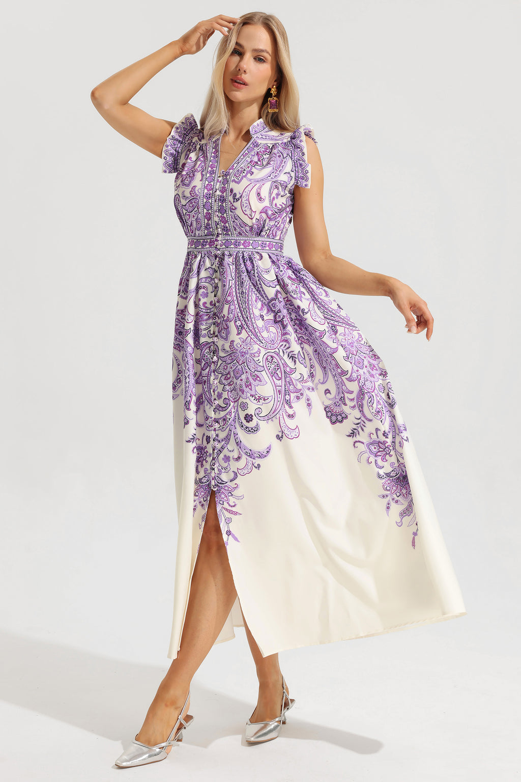 Ruffle V-neck Single Breasted Maxi Dress